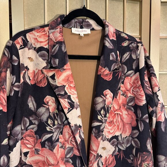 Anthropologie Solitaire Faux Suede Long Open Jacket Size L Garden Floral Print - Picture 3 of 8